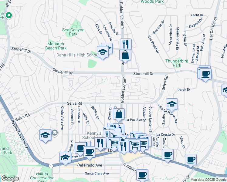map of restaurants, bars, coffee shops, grocery stores, and more near 24692 Evening Star Drive in Dana Point