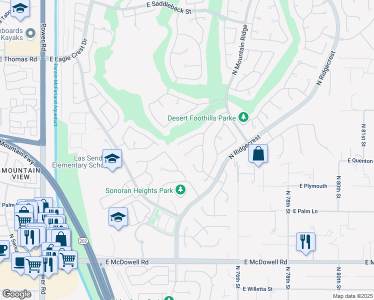 map of restaurants, bars, coffee shops, grocery stores, and more near 3060 North Ridgecrest in Mesa