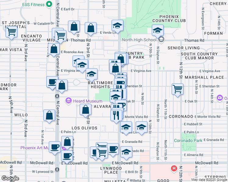 map of restaurants, bars, coffee shops, grocery stores, and more near 375 East Sheridan Street in Phoenix