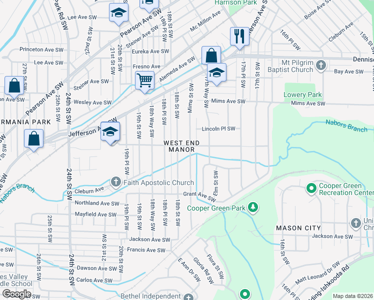 map of restaurants, bars, coffee shops, grocery stores, and more near 1413 Mims Street Southwest in Birmingham