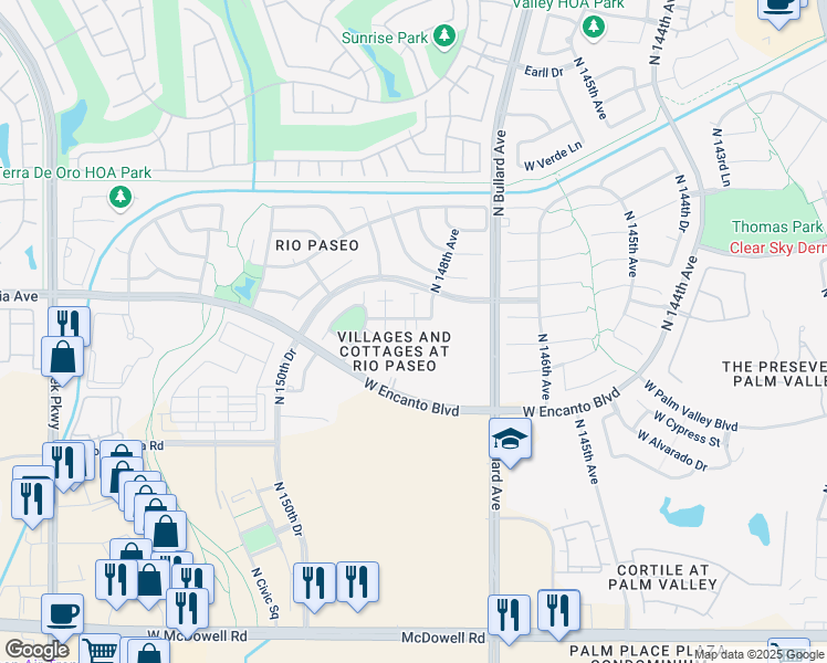 map of restaurants, bars, coffee shops, grocery stores, and more near 14841 W Ashland Ave in Goodyear