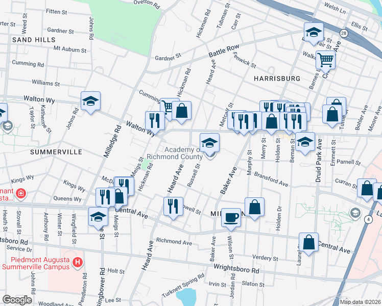 map of restaurants, bars, coffee shops, grocery stores, and more near 923 1/2 Russell Street in Augusta