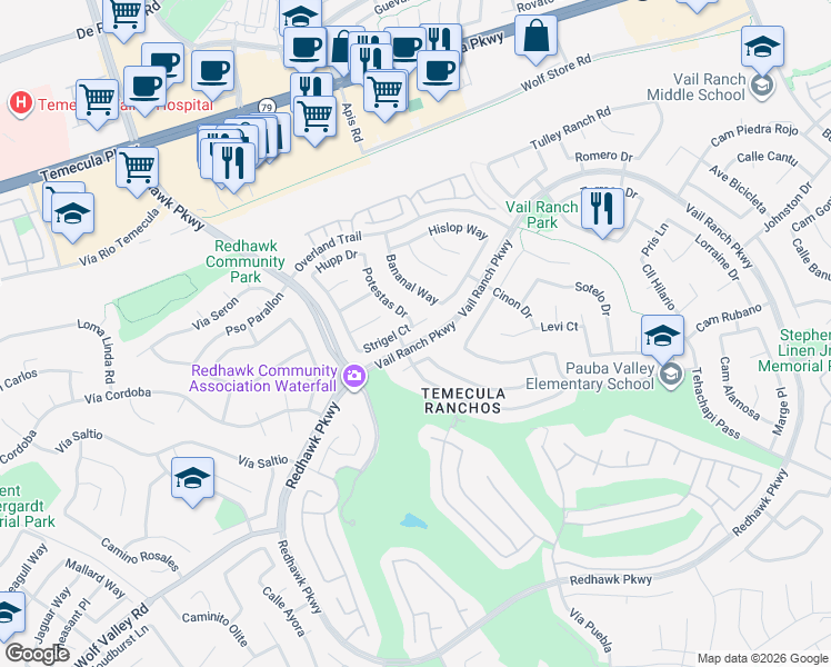 map of restaurants, bars, coffee shops, grocery stores, and more near 32579 Strigel Court in Temecula