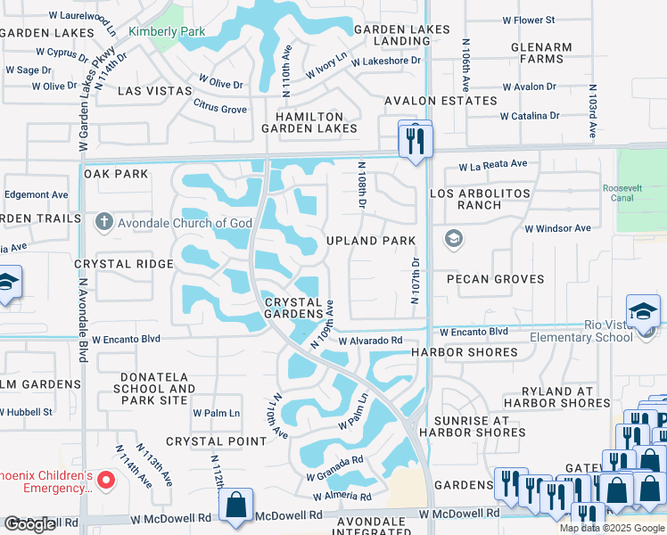 map of restaurants, bars, coffee shops, grocery stores, and more near 2425 North 109th Avenue in Avondale