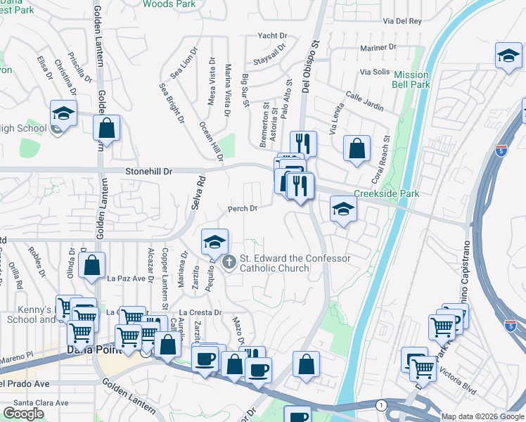 map of restaurants, bars, coffee shops, grocery stores, and more near 25292 Perch Drive in Dana Point
