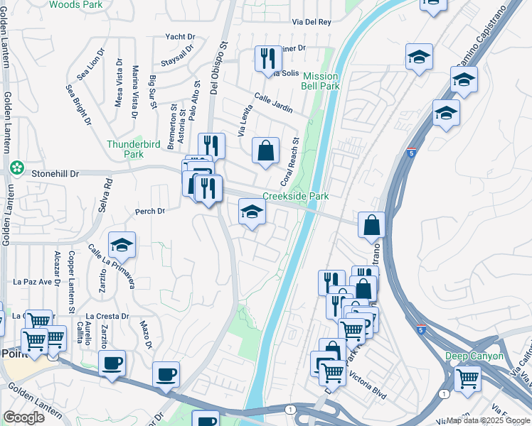 map of restaurants, bars, coffee shops, grocery stores, and more near 33626 Tidewater Drive in Dana Point