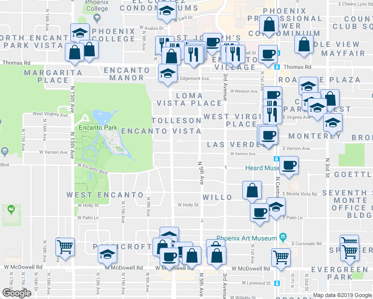 map of restaurants, bars, coffee shops, grocery stores, and more near 526 West Vernon Avenue in Phoenix
