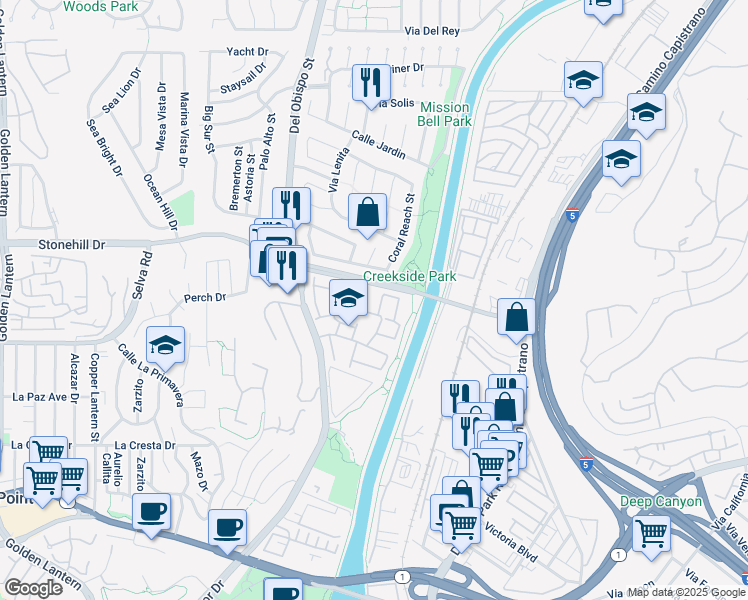 map of restaurants, bars, coffee shops, grocery stores, and more near 33621 Tidewater Drive in Dana Point