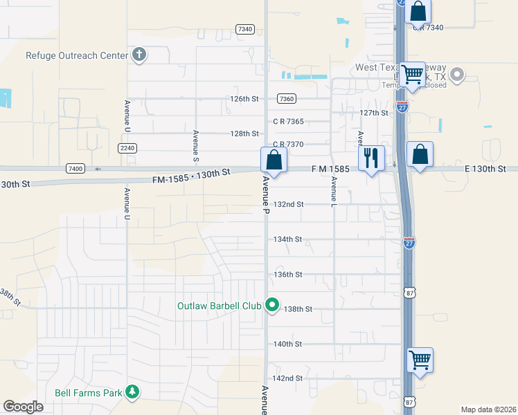 map of restaurants, bars, coffee shops, grocery stores, and more near 13201-13315 Avenue P in Lubbock