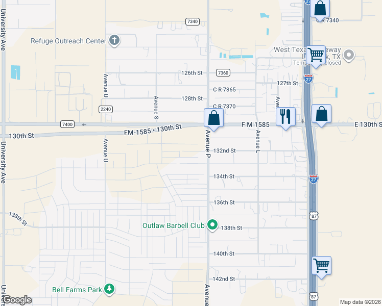map of restaurants, bars, coffee shops, grocery stores, and more near 13200-13314 C R 2300 in Lubbock