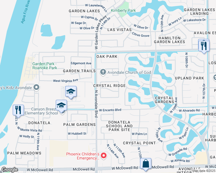 map of restaurants, bars, coffee shops, grocery stores, and more near 11449 Virginia Avenue in Avondale