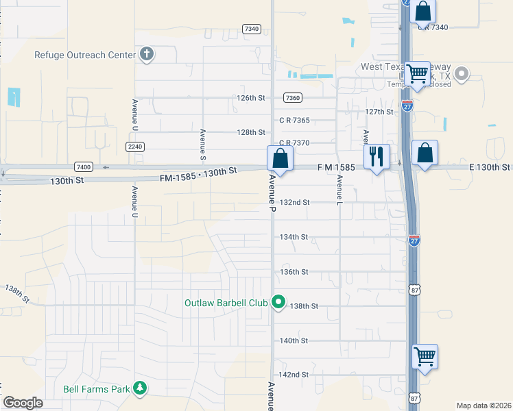 map of restaurants, bars, coffee shops, grocery stores, and more near 13200-13314 C R 2300 in Lubbock