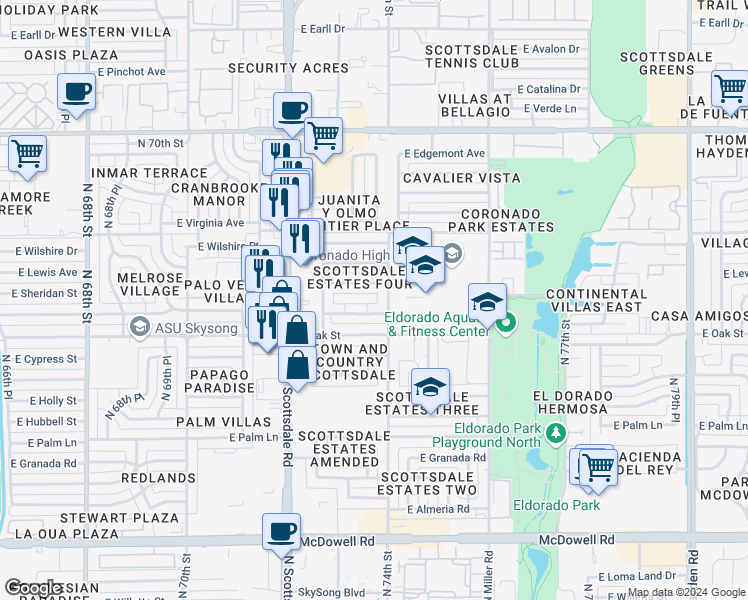 map of restaurants, bars, coffee shops, grocery stores, and more near 7326 East Vernon Avenue in Scottsdale