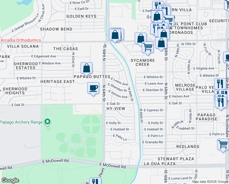 map of restaurants, bars, coffee shops, grocery stores, and more near 6437 East Vernon Avenue in Scottsdale