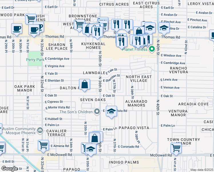 map of restaurants, bars, coffee shops, grocery stores, and more near 2409 North 36th Street in Phoenix