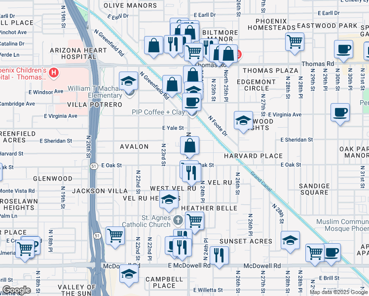 map of restaurants, bars, coffee shops, grocery stores, and more near 2402 North 24th Street in Phoenix