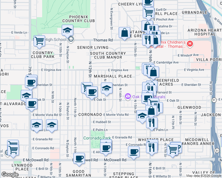 map of restaurants, bars, coffee shops, grocery stores, and more near 2325 North Evergreen Street in Phoenix