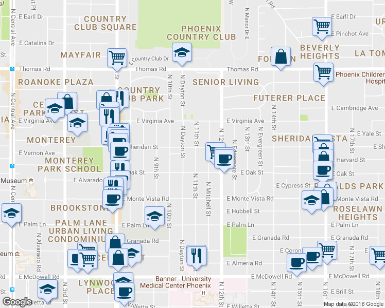 map of restaurants, bars, coffee shops, grocery stores, and more near 2330 North 11th Street in Phoenix