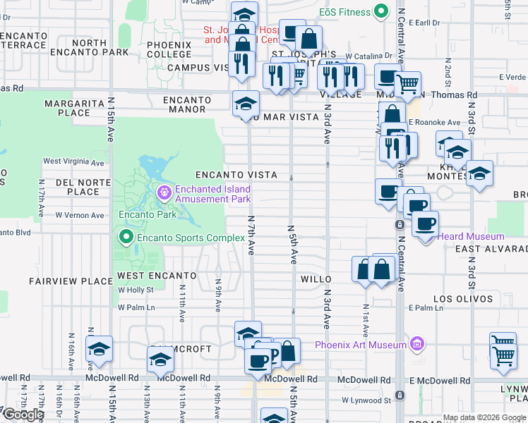 map of restaurants, bars, coffee shops, grocery stores, and more near 526 West Vernon Avenue in Phoenix