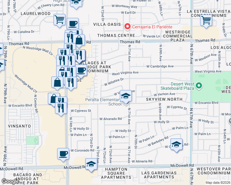map of restaurants, bars, coffee shops, grocery stores, and more near 7135 West Vernon Avenue in Phoenix