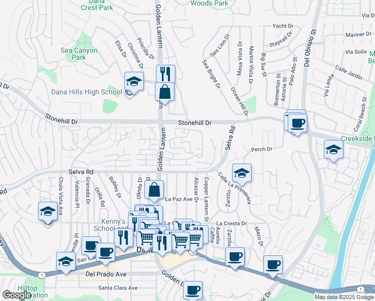 map of restaurants, bars, coffee shops, grocery stores, and more near 24852 Sea Crest Drive in Dana Point