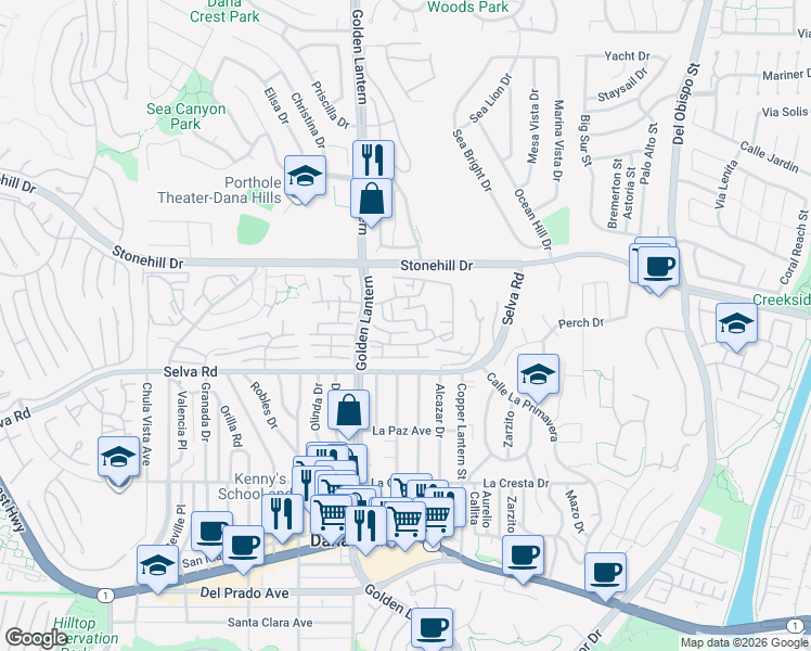 map of restaurants, bars, coffee shops, grocery stores, and more near 24852 Sea Crest Drive in Dana Point