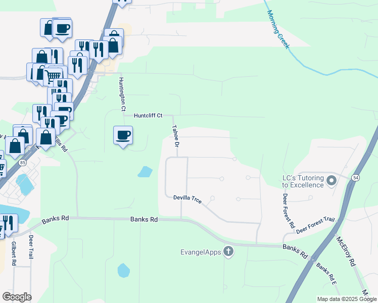 map of restaurants, bars, coffee shops, grocery stores, and more near 305 Devilla Trce in Fayetteville