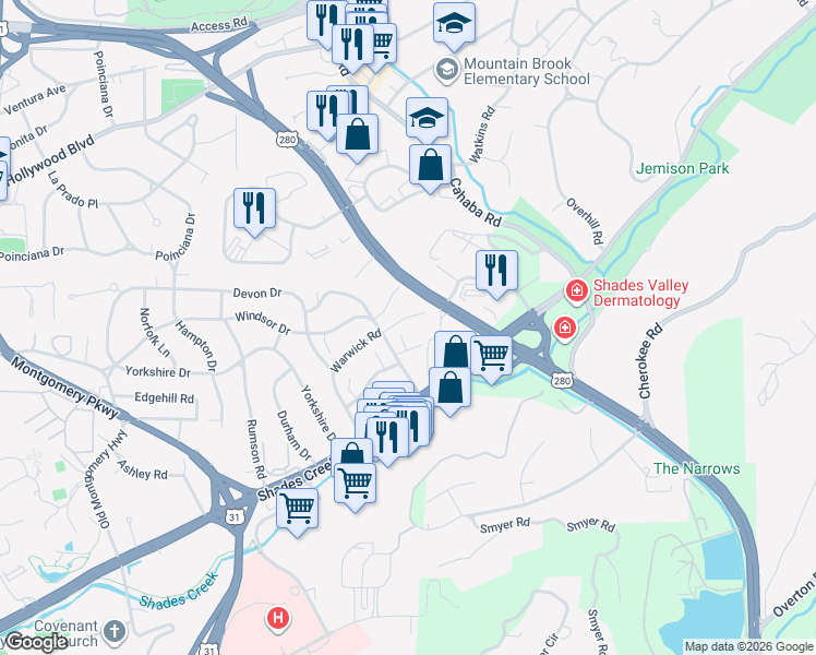 map of restaurants, bars, coffee shops, grocery stores, and more near 710 Briscoe Road in Birmingham