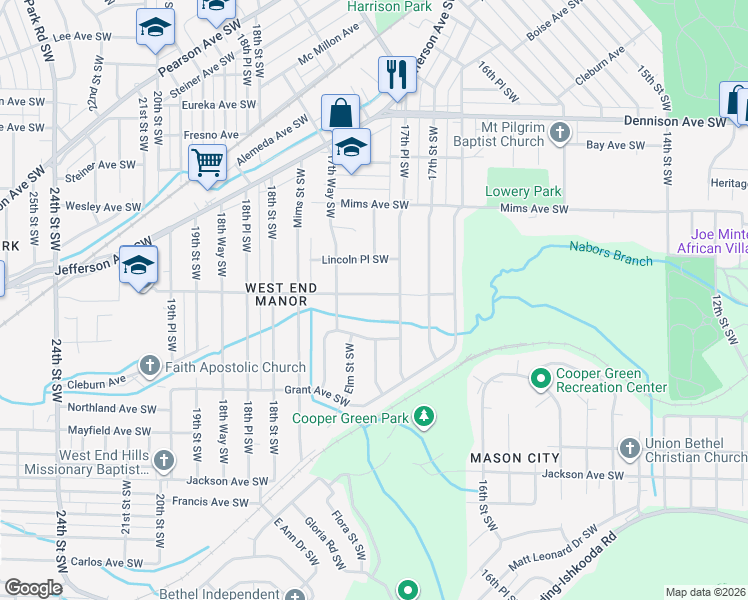 map of restaurants, bars, coffee shops, grocery stores, and more near 1732 Creekway Avenue Southwest in Birmingham