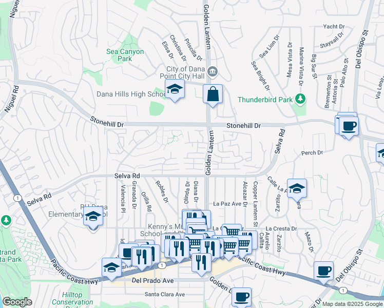 map of restaurants, bars, coffee shops, grocery stores, and more near 24692 Evening Star Drive in Dana Point