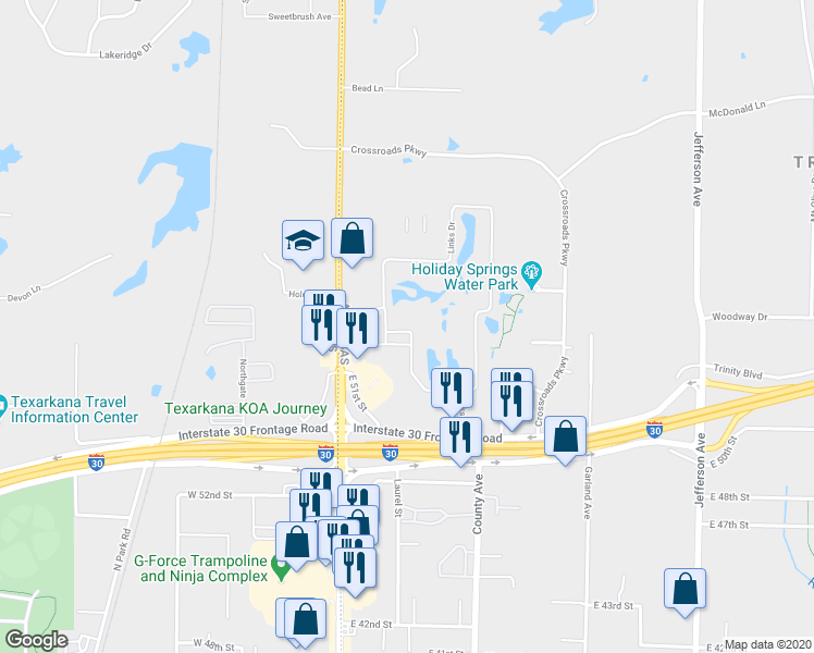 map of restaurants, bars, coffee shops, grocery stores, and more near 29 Links Drive in Texarkana