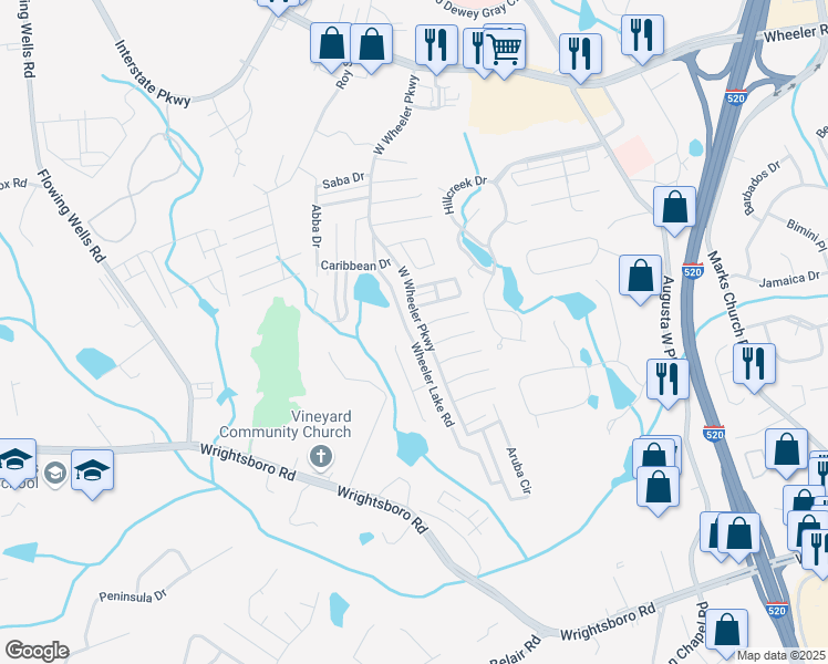 map of restaurants, bars, coffee shops, grocery stores, and more near 5054 Wheeler Lake Road in Augusta