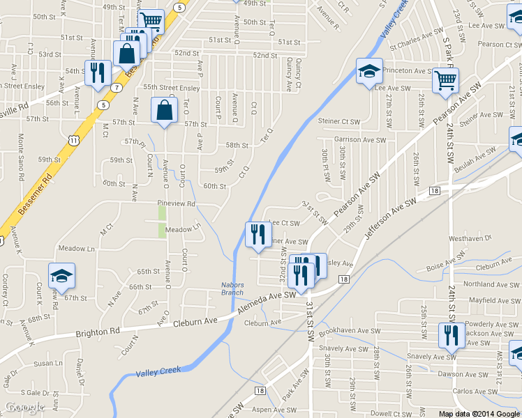map of restaurants, bars, coffee shops, grocery stores, and more near 1012 33rd Street Southwest in Birmingham