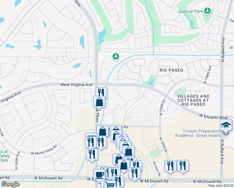 map of restaurants, bars, coffee shops, grocery stores, and more near 15361 West Virginia Avenue in Goodyear