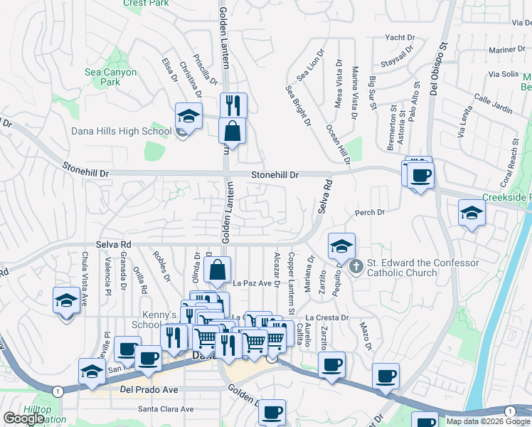 map of restaurants, bars, coffee shops, grocery stores, and more near 33636 Sundown Court in Dana Point