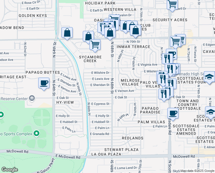 map of restaurants, bars, coffee shops, grocery stores, and more near 6737 East Sheridan Street in Scottsdale