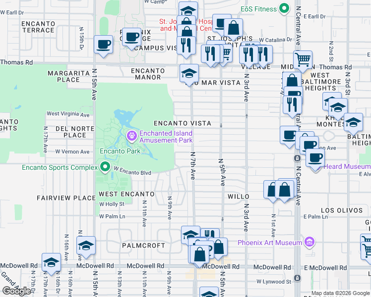 map of restaurants, bars, coffee shops, grocery stores, and more near 712 West Vernon Avenue in Phoenix