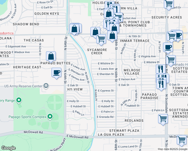 map of restaurants, bars, coffee shops, grocery stores, and more near 6607 North 66th Place in Scottsdale