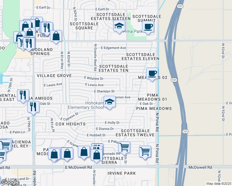 map of restaurants, bars, coffee shops, grocery stores, and more near 8528 East Vernon Avenue in Scottsdale