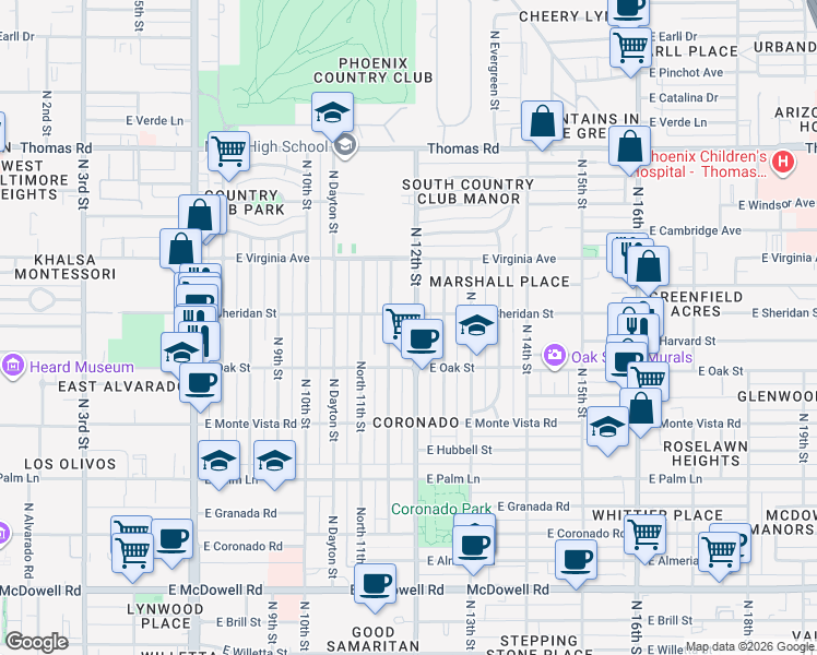 map of restaurants, bars, coffee shops, grocery stores, and more near 2325 North 12th Street in Phoenix