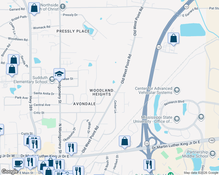 map of restaurants, bars, coffee shops, grocery stores, and more near 111 Woodcrest Drive in Starkville
