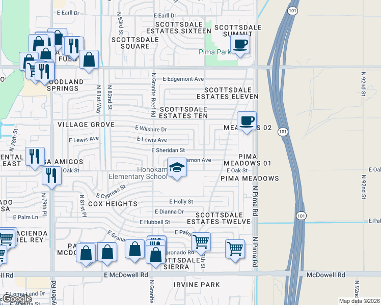 map of restaurants, bars, coffee shops, grocery stores, and more near 8528 East Vernon Avenue in Scottsdale