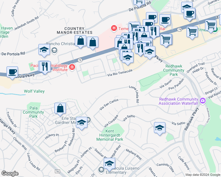 map of restaurants, bars, coffee shops, grocery stores, and more near 31604 Loma Linda Road in Temecula