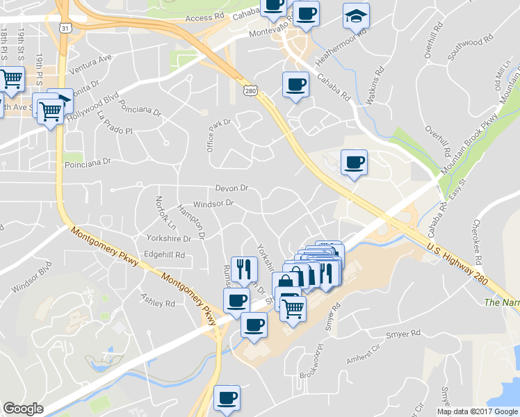 map of restaurants, bars, coffee shops, grocery stores, and more near 428 Windsor Drive in Birmingham