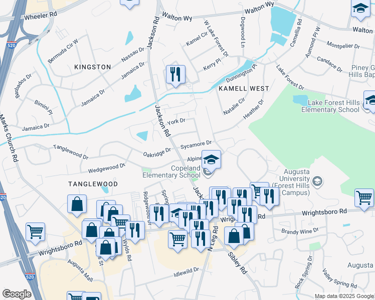 map of restaurants, bars, coffee shops, grocery stores, and more near 1428 Jackson Road in Augusta
