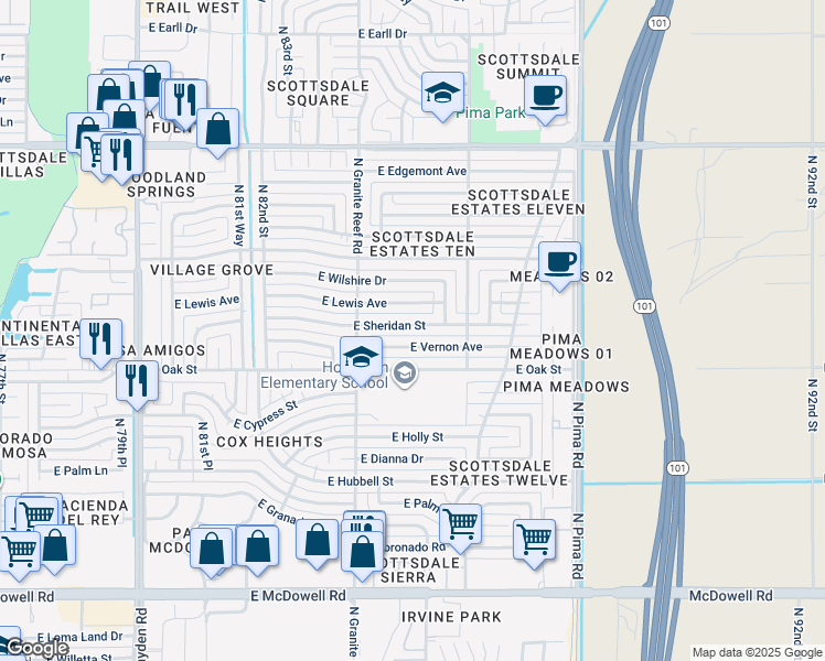 map of restaurants, bars, coffee shops, grocery stores, and more near 8444 East Vernon Avenue in Scottsdale