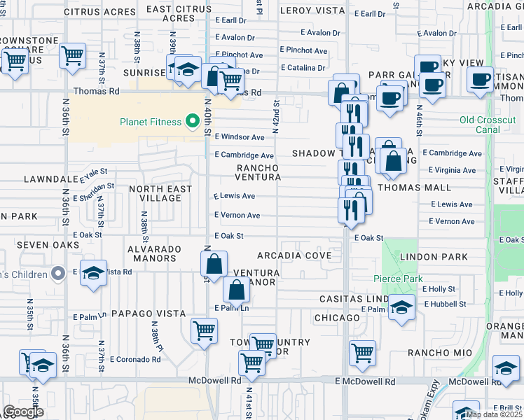 map of restaurants, bars, coffee shops, grocery stores, and more near 4141 East Vernon Avenue in Phoenix