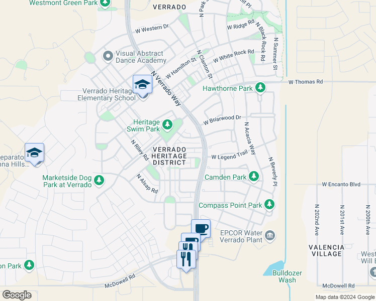 map of restaurants, bars, coffee shops, grocery stores, and more near 20715 West Stone Hill Road in Buckeye