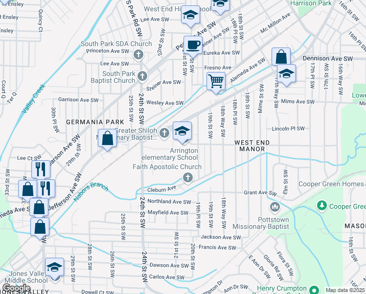 map of restaurants, bars, coffee shops, grocery stores, and more near 2101 Jefferson Avenue Southwest in Birmingham