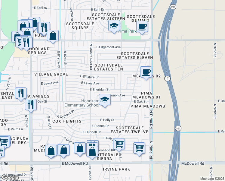map of restaurants, bars, coffee shops, grocery stores, and more near 8528 East Vernon Avenue in Scottsdale